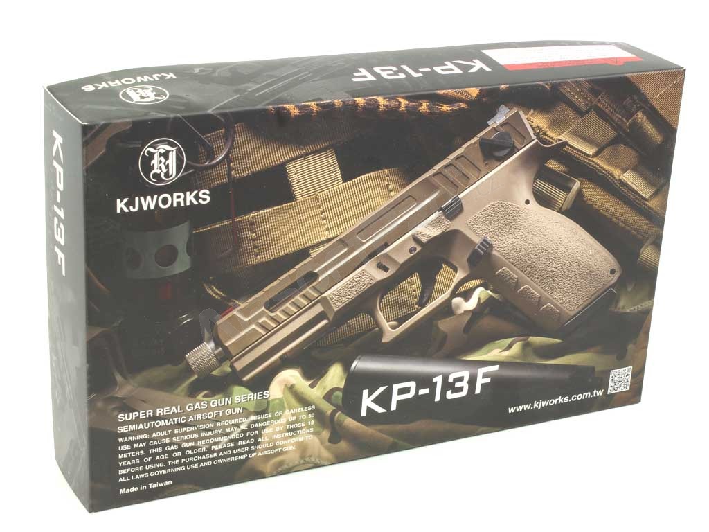 Airsoftová pištoľ KP-13F, hlaveň so závitom, BlowBack s dávkou (GBB) - TAN [KJ Works]