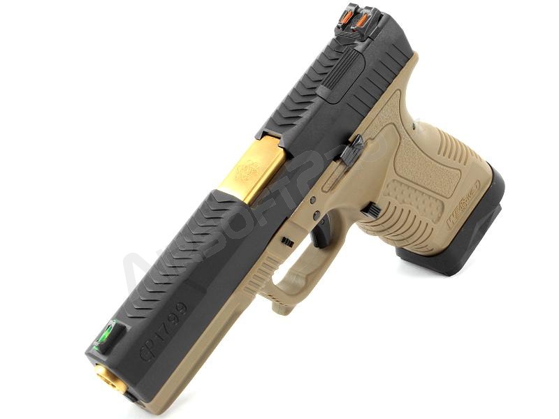 Airsoftová pištoľ GP1799 T6 - GBB, čierny kovový záver, pieskový rám, zlatá hlaveň [WE]