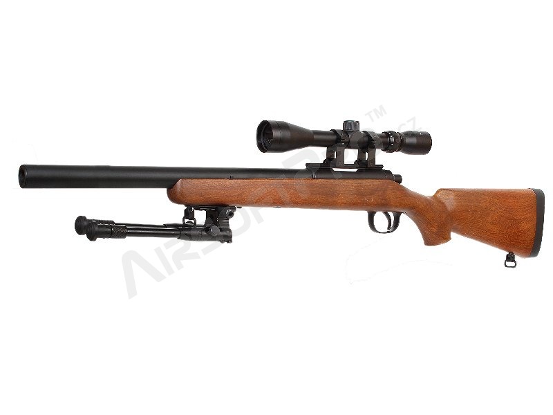 Airsoft sniper MB02D + puškohľad a dvojnožka, imitácia dreva [Well]