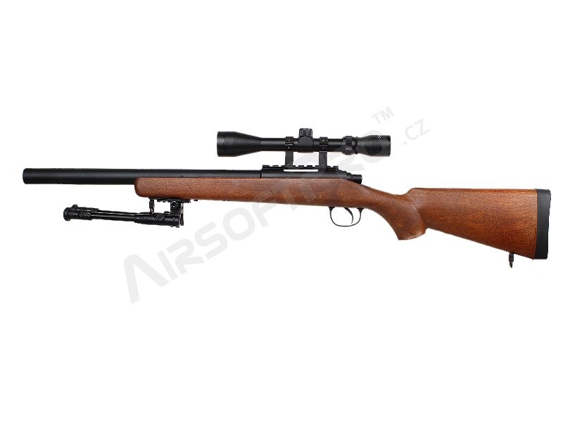 Airsoft sniper MB02D + puškohľad a dvojnožka, imitácia dreva [Well]