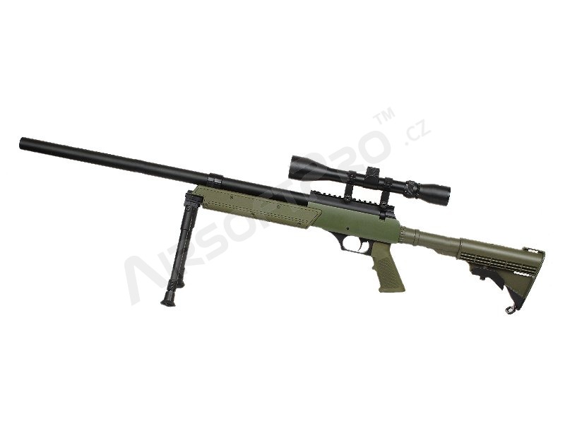 Airsoft sniper APS SR-2 (MB06D) + dvojnožka + puškohľad, olivová [Well]