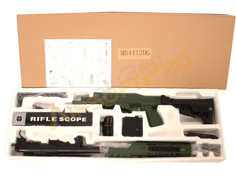 Airsoft sniper MB4412D + puškohľad a dvojnožka - olivová [Well]