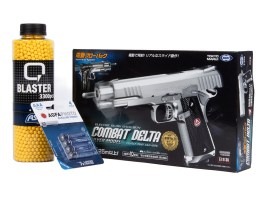 Balíček: Airsoftová pištoľ Combat Delta strieborná, elektrická, EBB  + 3000 guličiek + 4 batérie [Tokyo Marui]