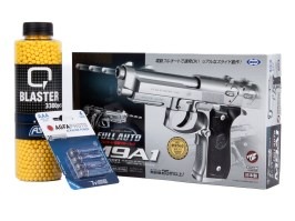 Balíček: Airsoftová pištoľ M9A1 strieborná, elektrická, FULL AUTO, EBB  + 3000 guličiek + 4 batérie [Tokyo Marui]