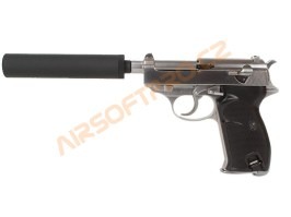 Airsoftová pištoľ P38S s tlmičom - plyn, BlowBack - strieborná [WE]