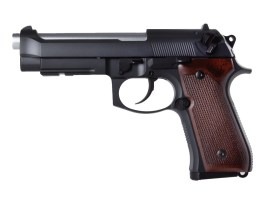 Airsoftová pištoľ M9A1, plyn blowback (GBB) - čierna, drevené črienky [Snow Wolf]