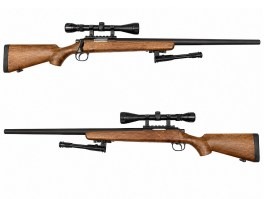Airsoft sniper MB03D + puškohľad a dvojnožka, imitácia dreva [Well]