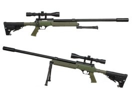 Airsoft sniper APS SR-2 LRV (MB13D) + dvojnožka + puškohľad + tlmič, olivová [Well]
